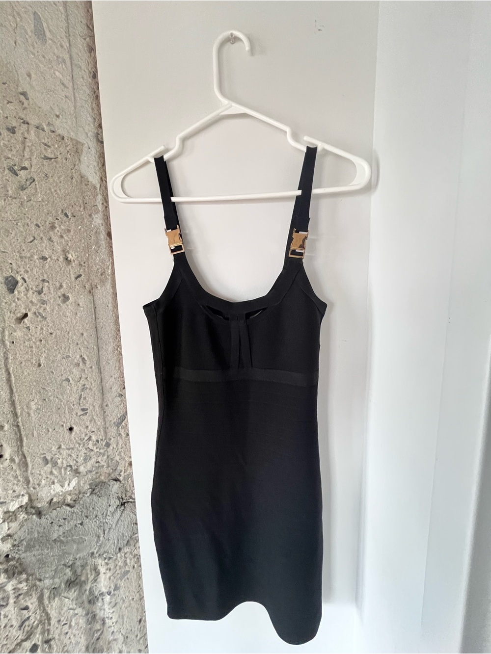 Marciano Black Slip Dress with Gold-Tone Buckle Straps